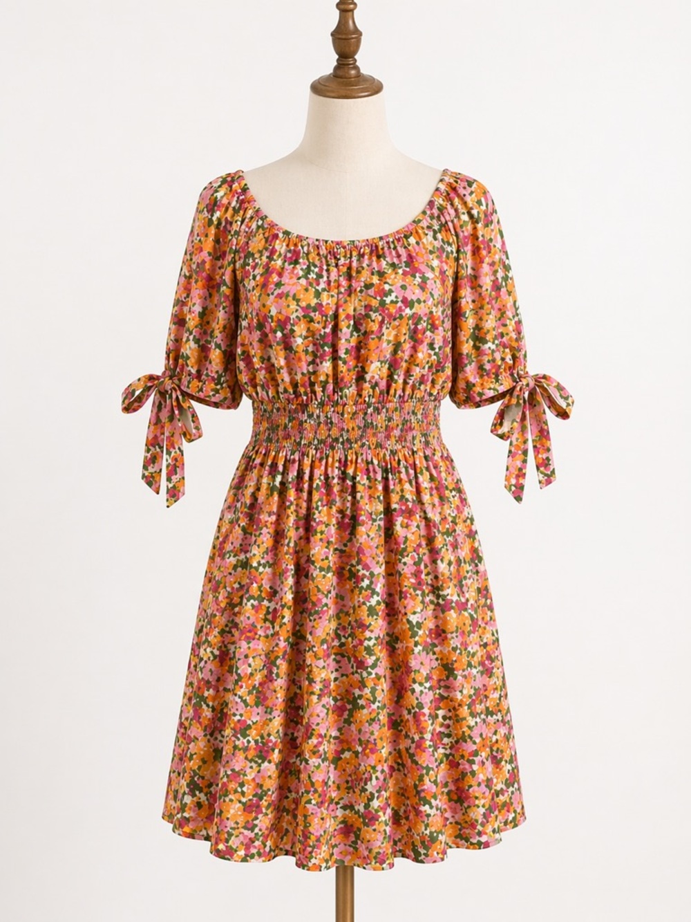 Terra & Sky Pink Orange Green Floral Smocked Mini Dress